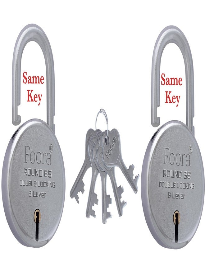 Foora Lock and Key Set - Door Lock for Home and Shop, Same Key for Multiple Locks, 2 Same Key Lock Set, Common Key Lock Set of 2, Silver Finish (Round 65mm) - Image 1